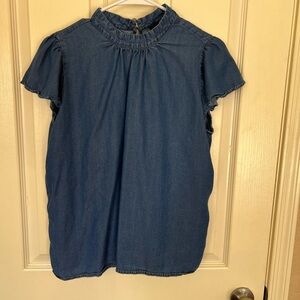 Ann Taylor Factory Petite LP Chambray Lyocell Flutter Sleeve Blouse Top
